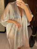 Sexy Fringe Tassel Mesh Sheer Shiny Knitted Tunic Beach Cover Up Cover-ups Beach Dress Beach Wear Beachwear Female Women V3321
