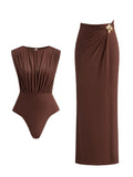 Fashion Sleeveless Women One Piece Swimsuit And Long Skirt Set Sexy Pleats Bikini Lady Swimwear Bathing Suit Female Beachwear