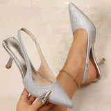 All-Match Silvery Elastic Band Pumps Heels for Women Party Pointed Toe Plus Size Woman High Heels Fashion Bling Pumps Female