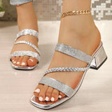 Luxury Gold Thick Heeled Sandals Women Summer Plus Size Square Toe Crystal Sandles Woman Fashion Slip On High Heel Party Shoes