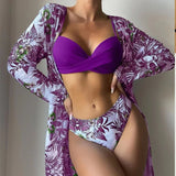 Boho Style Women's 3 Pieces Swimsuit Floral Bikini Set+Long Sleeve Cover-Up Swimwear Sexy Low Waist Tankinis Beachwear Holiday