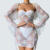 Toucheart Erotic Dress Elegant Palace-style Fringed Cardigan Spliced with See-through Intimate Lace Purelust Hip-hugging Dress