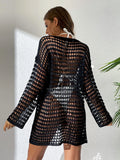 Womens Beach Cover Up Knit Solid Color Long Sleeve Dress Sexy Slim-Fit Beachwear Cover Up Beach Holiday Sun Protection Clothing