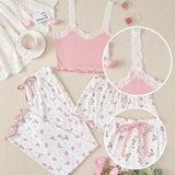 Three Piece Women's Heart-Shaped Printed Vest Shorts and Pants Paired with Ribbed Fabric for Home Casual Women's Sleepwear Set