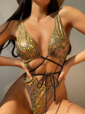 DEKA Women's Mesh Patchwork One Pieces Swimwear Sexy New Hollow Out High Cut Bandage Swimsuit Monokini Push Up Bikini