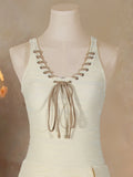 Vintage Dress One Piece Swimsuit 2026 Women Beige Punching Rope V Neck Tummy Control Swimwear Summer Bathing Suit Monokini