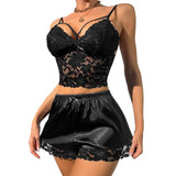 2 Pcs/Set Women Pajama Set Hollow Out Lace V Neck Sleeveless Crop Top High Waist Satin Shorts Anniversary Sleepwear Outfits