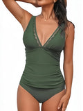 2026 V-neck Mesh Tankini Set Two Pieces Swimsuit Women Swimwear Female Solid Bathers Bathing Swimming Swim Suit Beachwear XXL