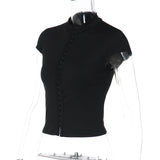 FDYOUI Y2K Streetwear Covered Buttons Black T-shirts for Women Sexy Fashion Short Sleeve Corset Ladies Slim Crop Tops Tee Shirt
