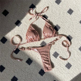 PU Faux Leather Halter Mini Thong Bikini Women Swimwear Female Swimsuit  Two-Pieces Bikini Set Bather Bathing Suit Swim V5206W