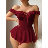 Large size pure lust style burgundy mesh jumpsuit one-shoulder ruffled sexy lingerie