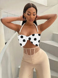 Women's Pure Desire Sexy Hot Girl Polka Dot Halter Pearl Bowknot Strap Vest Hanging Neck Pure Desire Casaul Style Vest IFQ9