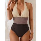 S - XL Splicing V Neck Backless Halter Women Swimwear One Piece Swimsuit Female Monokini Padded Bather Bathing Suit Swim V7559