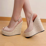 Sexy Peep Toe Nude Summer Espadrilles Sandals Women Classic Super High Heels Slingback Sandals Platform Sandals Wedges Shoes
