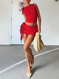 Women Summer Skirts Outfits Solid Color Tie-Up Sleeveless Tank Tops Ruffles Mini Skirts 2 Pieces Clothes Sets