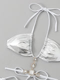 Halter Rhinestone Diamond Bikini Women Micro Thong Swimwear Female Swimsuit Two Pieces Bikini Set Satin Bathing Suit Swim Lady