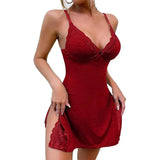 Women Summer Nightdress Backless Deep V Neck Spaghetti Strap Sleeveless Sleepwear Lace Trim Split Hem Nightie Night Slip Dress