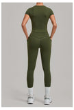 Women Tracksuit Yoga Sets Short Sleeve Slim Sports T Shirts Workout Clothes Outdoor Tight High Waist Pocket Pants Fitness Suits