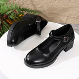Plus Size 42 Black Thick Heels Pumps Women Classic Pu Leather Platform Mary Jane Shoes Woman Ankle Buckle Office High Heel Shoes