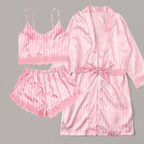 3PCS Women Pajama Suit Robe Fashion V-Neck Stretch Satin Silk Lace Sexy Lingerie Bowknot Pyjamas Sleep Shorts Set Sleepwear