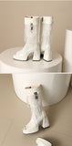 Plus Size Women White Patent Leather Fringe Tassel Mid Calf Boots Peep Toe Platform Block Heel Open Toe Party Club Heels