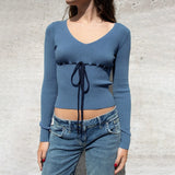 Women Spring Fall Slim Ribbed Knitted Tops Solid Color Long Sleeve V-Neck Front Drawstring Lightweight T-shirts