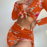 2026 Summer Women's 4 Pieces Suit Swimwear Neck Lace-up Bikini Set+crop Top+skirts Floral Print Gauze Swimsuit Beachwear Biquini