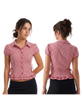 Women Plaid Shirts Button Down Puff Short Sleeve Lapel Neck Tops Fashion Slim Fit Ruffle Trim Blouses Summer