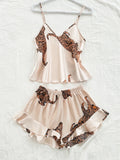 Summer 2-pieces Pink Leopard Printed Pajamas Set for Women Sexy Ice Silk Stain Sleepwear Casual Crop Tops and Shorts Lounge