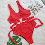 4 Colors New Sexy One Piece Swimsuit Swimwear Women Deep V-neck Hollow High Waist One-piece Bathing Suit Beachwear Metal Hoop