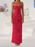 Women Summer Glitter Sequin Beaded Flower Cami Dress Slim High Split Spaghetti Strap Open Back Long Dresses for Party Club