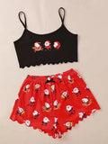 Women's Sleepwear Christmas Santa Print Pajama Set Spaghetti Strap Crew Neck Top and Shorts Set Home Wear Loungewear