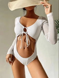 2026 White Swimsuit One Piece Solid Long Sleeve Swimwear Women Bathing Suit Female Cut Out Swimming Summer Beachwear Bodysuit