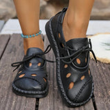 2026 Summer New Hollow-Out Lace-Up Sandals Women Flat Slip-Resistant Leather Bohemian Handmade Casual Shoes with Thick Sole