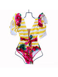 Sexy Ruffle Shoulder Swimsuit V-Neck Swimwear Women Backless Push Up Bathing Suit  Beach Wear 2024 Female Swimming Suit