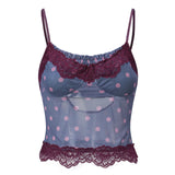 Women Fashion Dot Print Lace Patchwork Crop Tops Summer Slim Camisole Spaghetti Strap Mesh Tank Tops Streetwear