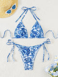 Blue Floral Print 2 Piece Micro Bikini Set for Women 2025 New Push Up Bra Thong Swimsuit Beach Bathing Suit Holiday Swimwear