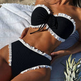 DEKA Black Ruffles Bikini Set Strapless Bandeau Pleated Ruched High Leg Cut Women Swimwear Female Swimsuit Bather Bathing Suit