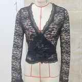 Spring Summer Deep V Neck Bandage Sexy See Through Tops Women Long Sleeve Slim Fit Sheer Lace T-shirts for Party