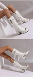 Plus Size Women White Patent Leather Fringe Tassel Mid Calf Boots Peep Toe Platform Block Heel Open Toe Party Club Heels
