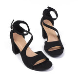Elegant Ankle Buckle High Heel Sandals Women Black Flock Open Toe Block Heels Rome Sandals Woman Plus Size Bag Heel Party Shoes
