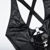 Toucheart Erotic Lingerie New High-quality Leather and Fabric Spliced mesh Sexy Strap Cross Halter Neck Sexy Hot Underwear Set