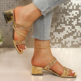 Luxury Gold Thick Heeled Sandals Women Summer Plus Size Square Toe Crystal Sandles Woman Fashion Slip On High Heel Party Shoes