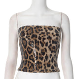 Sexy Chic Leopard Printed Corset Tops Women's Fashion Skinny Zip-up Sequins Crop Tops Strapless Night Club Outfit Streetwear
