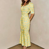FDYOUI 2026 Summer V-neck Short Sleeve Floral Print Yellow Party Dress Women Single Breasted Lace-up Slim Long Vacation Dresses