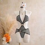 Sexy Black Stripe Knitted One Piece Swimwear Skirts Sets 2026 Women Metal Circle Hollow Out Backless Bathing Suit Thong Swimsuit