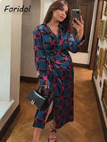 Foridol Side Split Women Fashion Geometric Print Blue New In Shirt Wrap Dress Women Long Sleeve Bowknot Maxi Long Vestido Robe