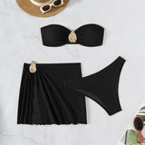 With Skirt Wrinkled Bandeau Bikini Female Swimsuit Women Swimwear Three-pieces Bikini Set Metal Ring Bathing Suit Swim Beachwear