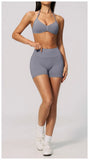 Seamless Yoga Suit Women Exposed Back Pleate Sports Bra High Waist Shorts Fitness Sets Outdoor Running Athletic Wear Tracksuit