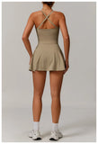 Summer Tennis Dress Women Sleeveless V Neck Slim Skirt Pleate Twisted Design Crossed Hollow Out Sports Yoga Golf Skirt Badminton